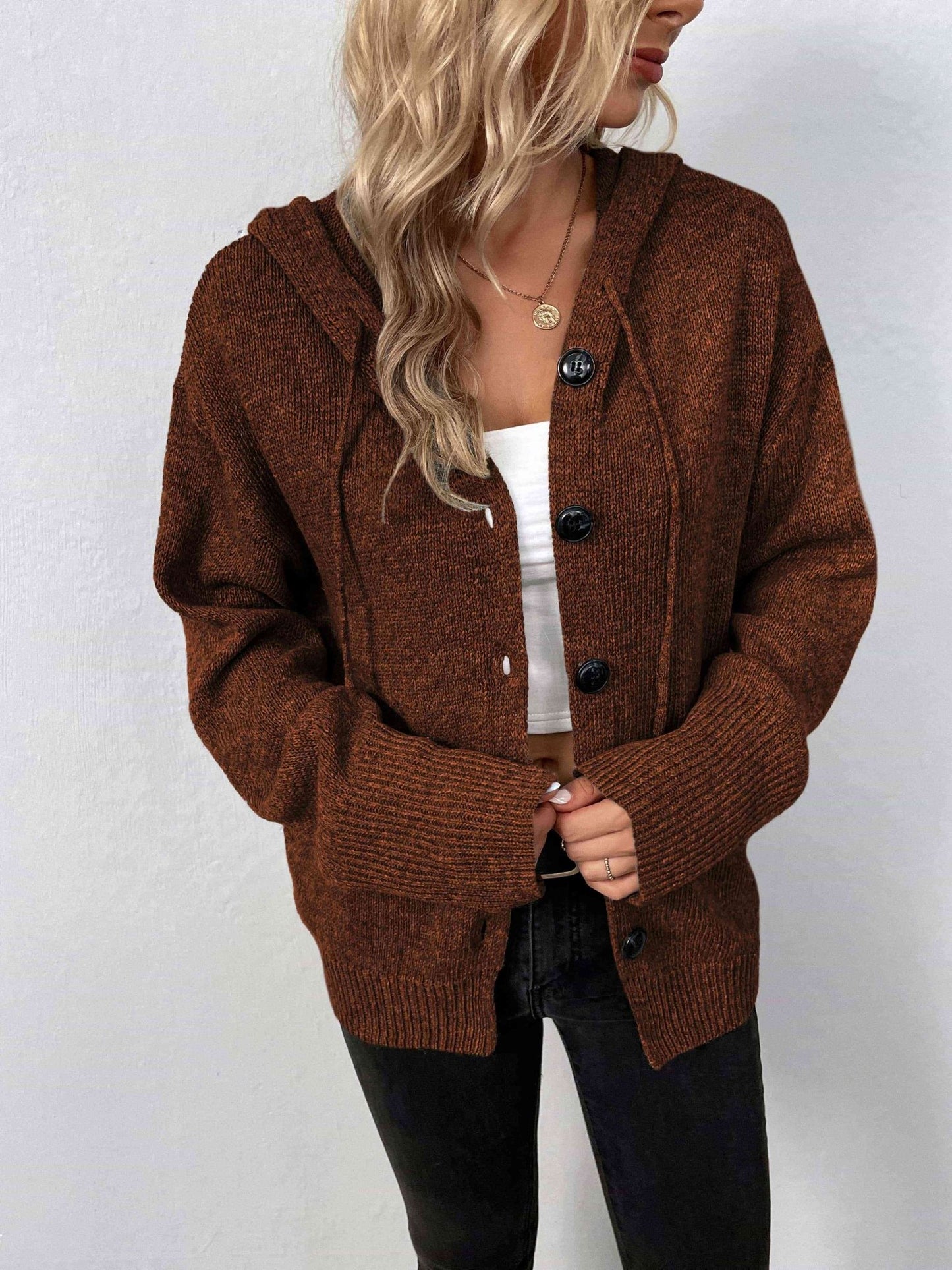 Button - Down Long Sleeve Hooded Sweater - Hooded Sweater - Chestnut - Bella Bourget