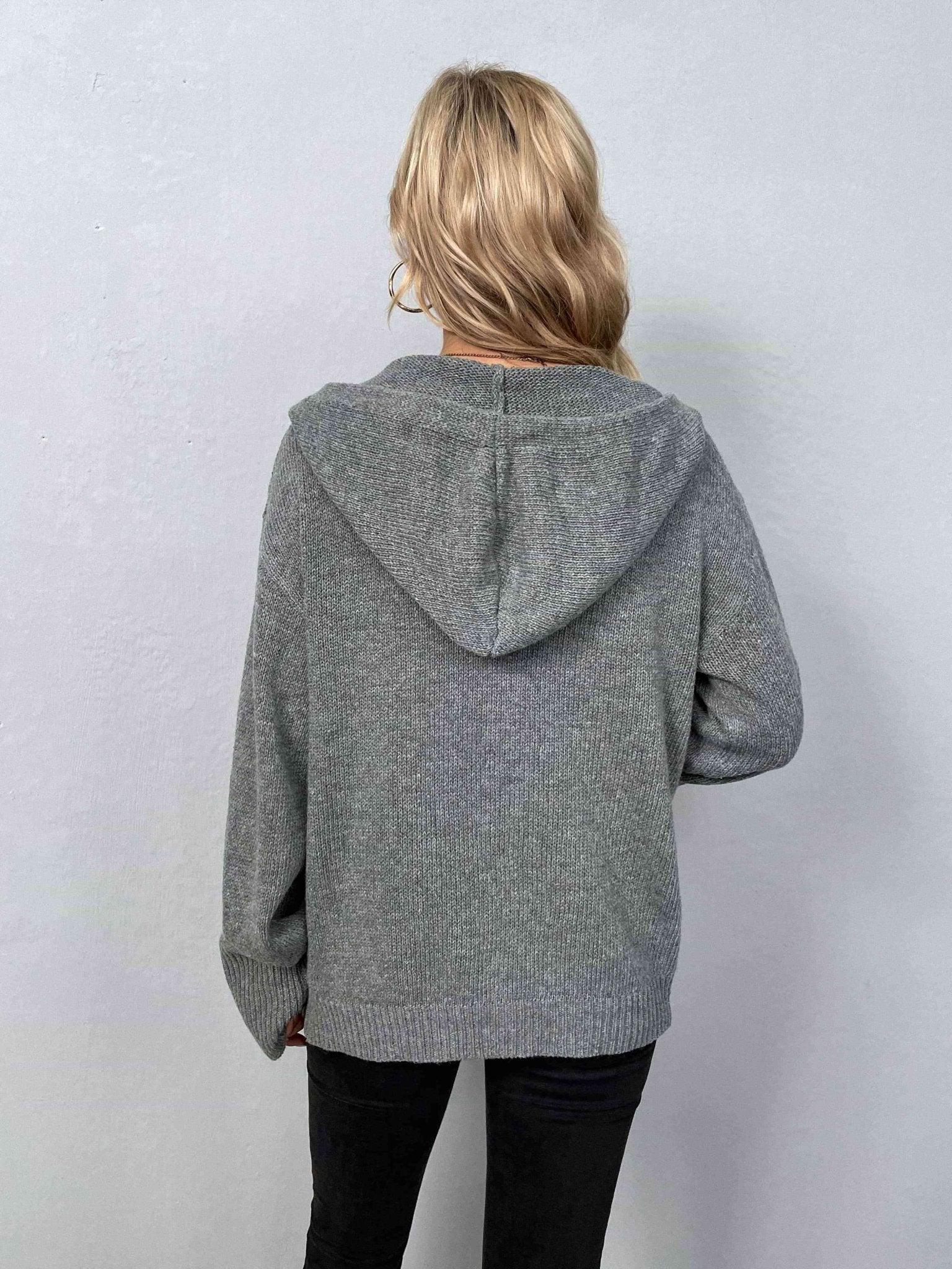 Button - Down Long Sleeve Hooded Sweater - Hooded Sweater - Heather Gray - Bella Bourget