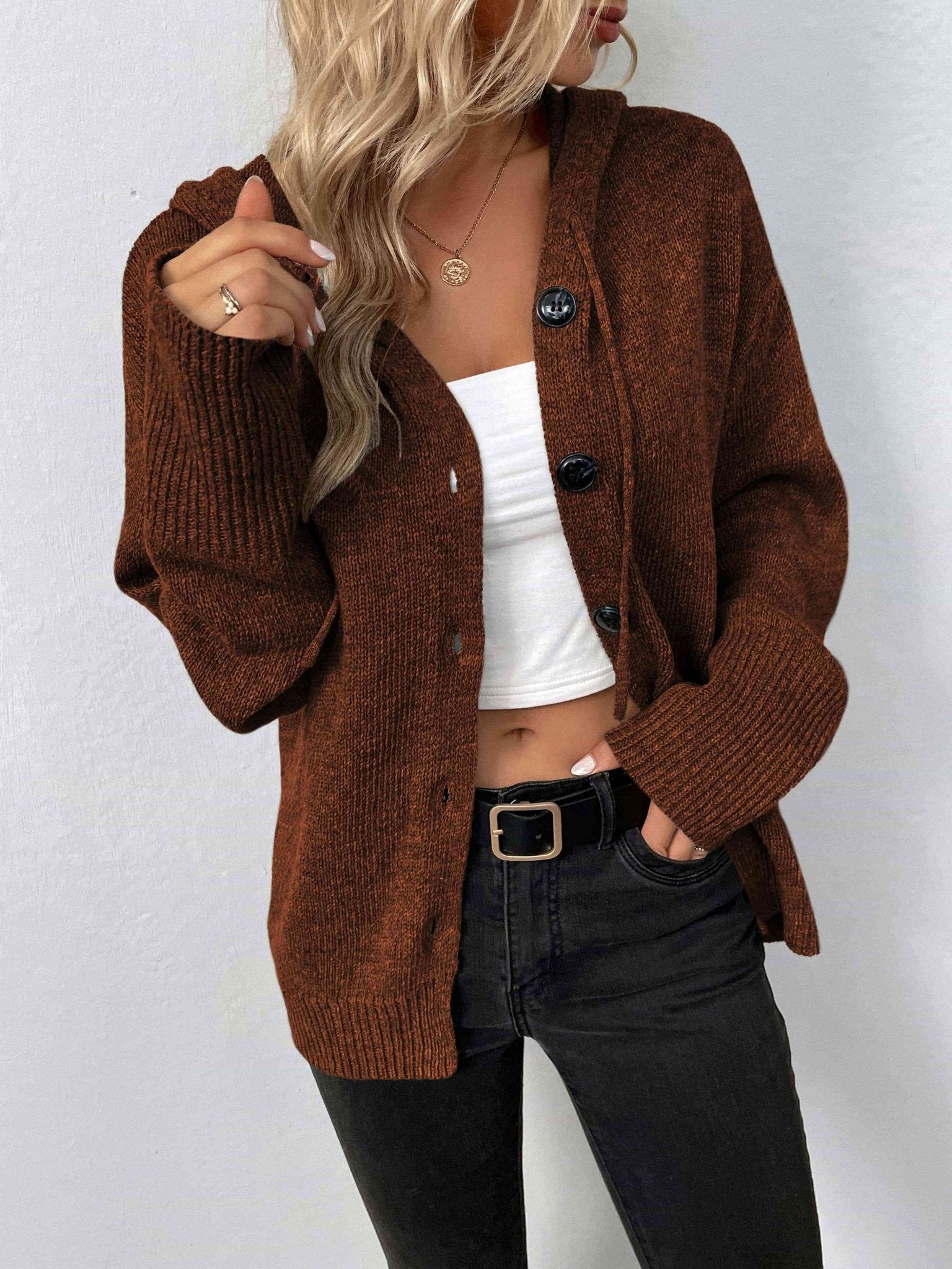 Button - Down Long Sleeve Hooded Sweater - Hooded Sweater - Chestnut - Bella Bourget