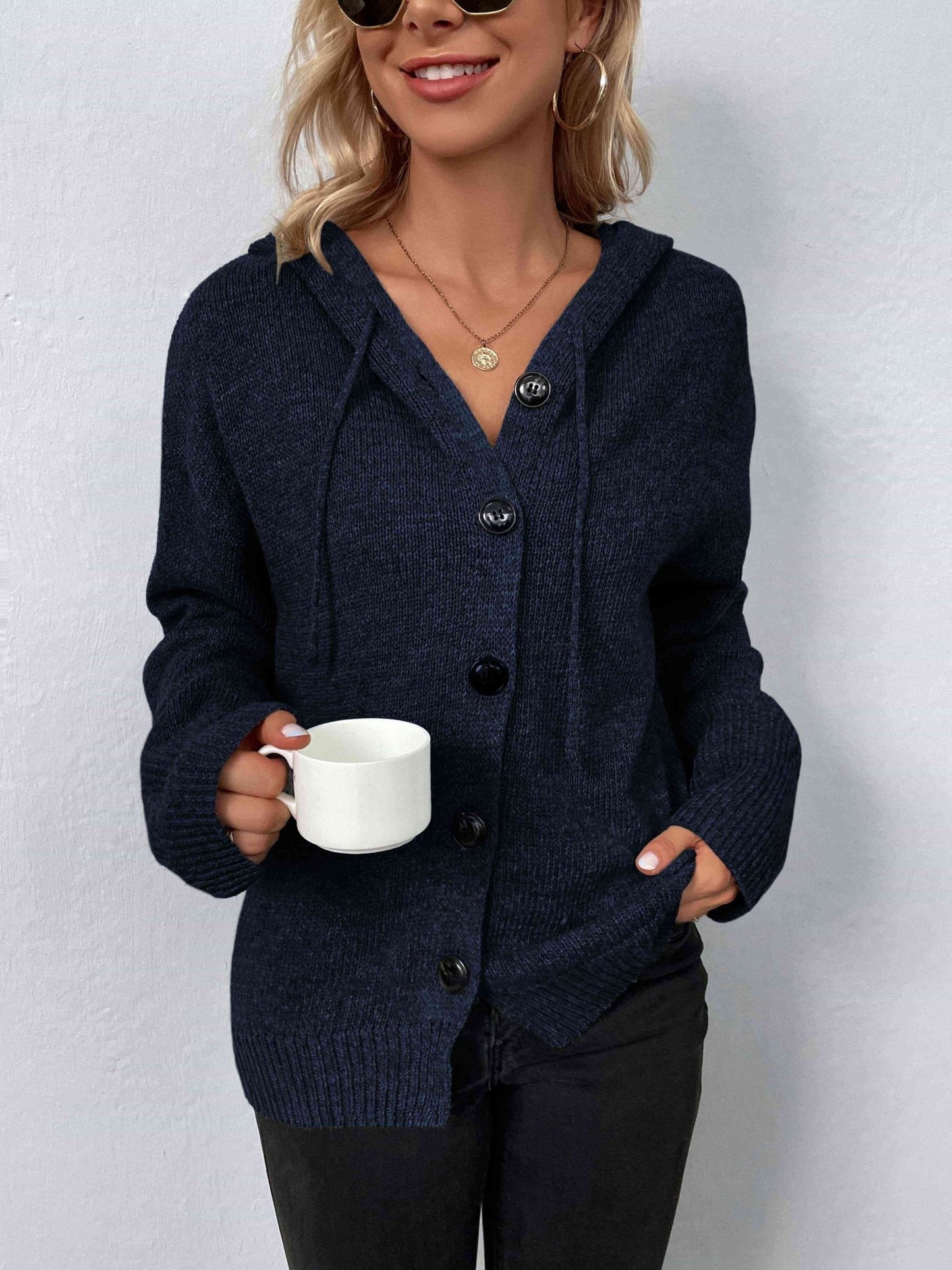 Button - Down Long Sleeve Hooded Sweater - Hooded Sweater - Navy - Bella Bourget