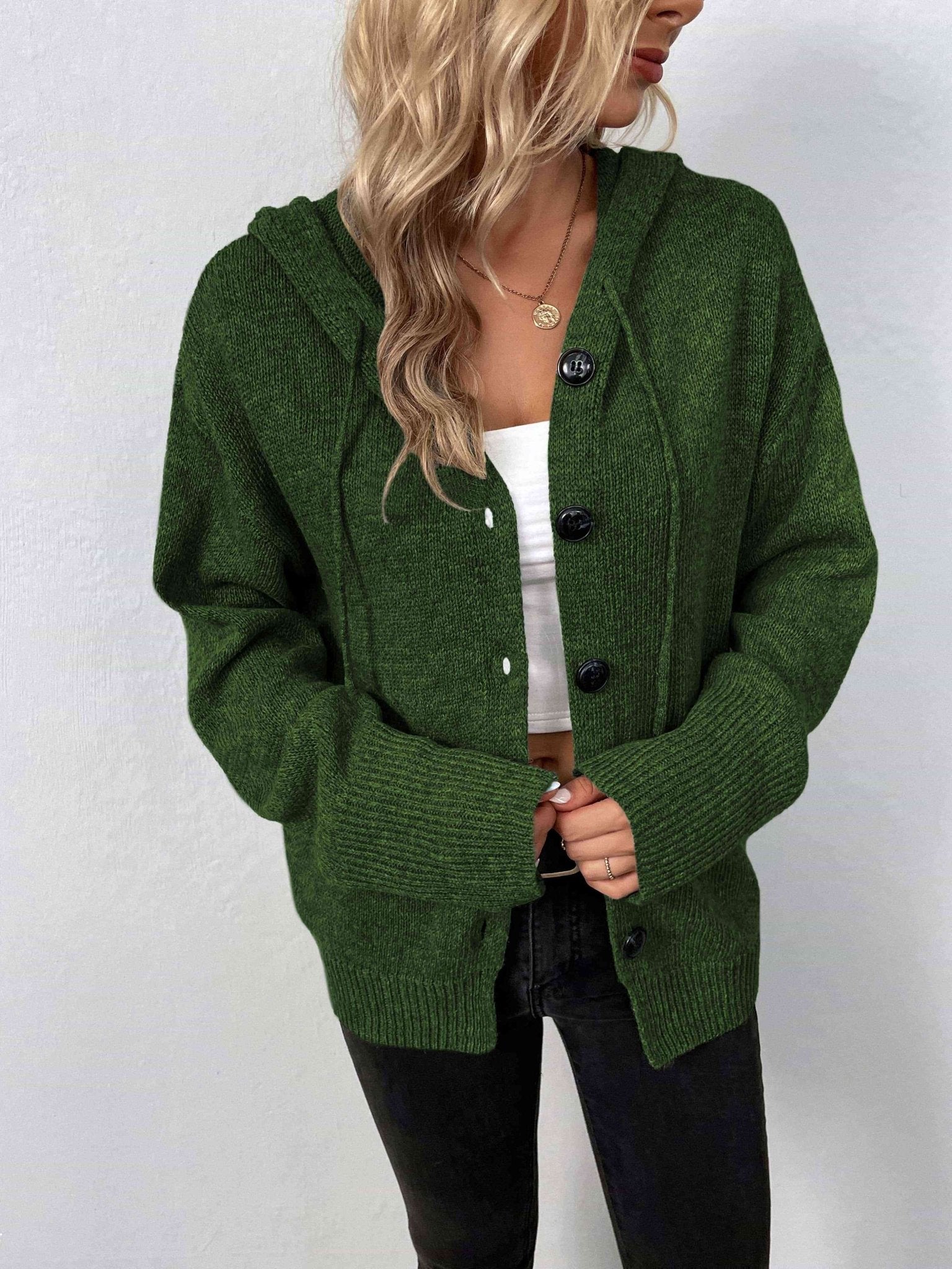 Button - Down Long Sleeve Hooded Sweater - Hooded Sweater - Moss - Bella Bourget