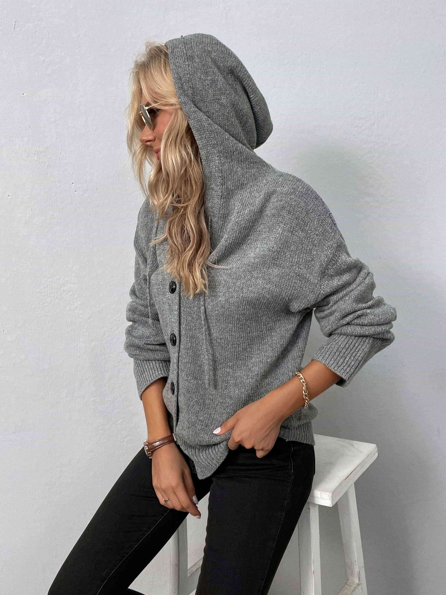 Button - Down Long Sleeve Hooded Sweater - Hooded Sweater - Heather Gray - Bella Bourget