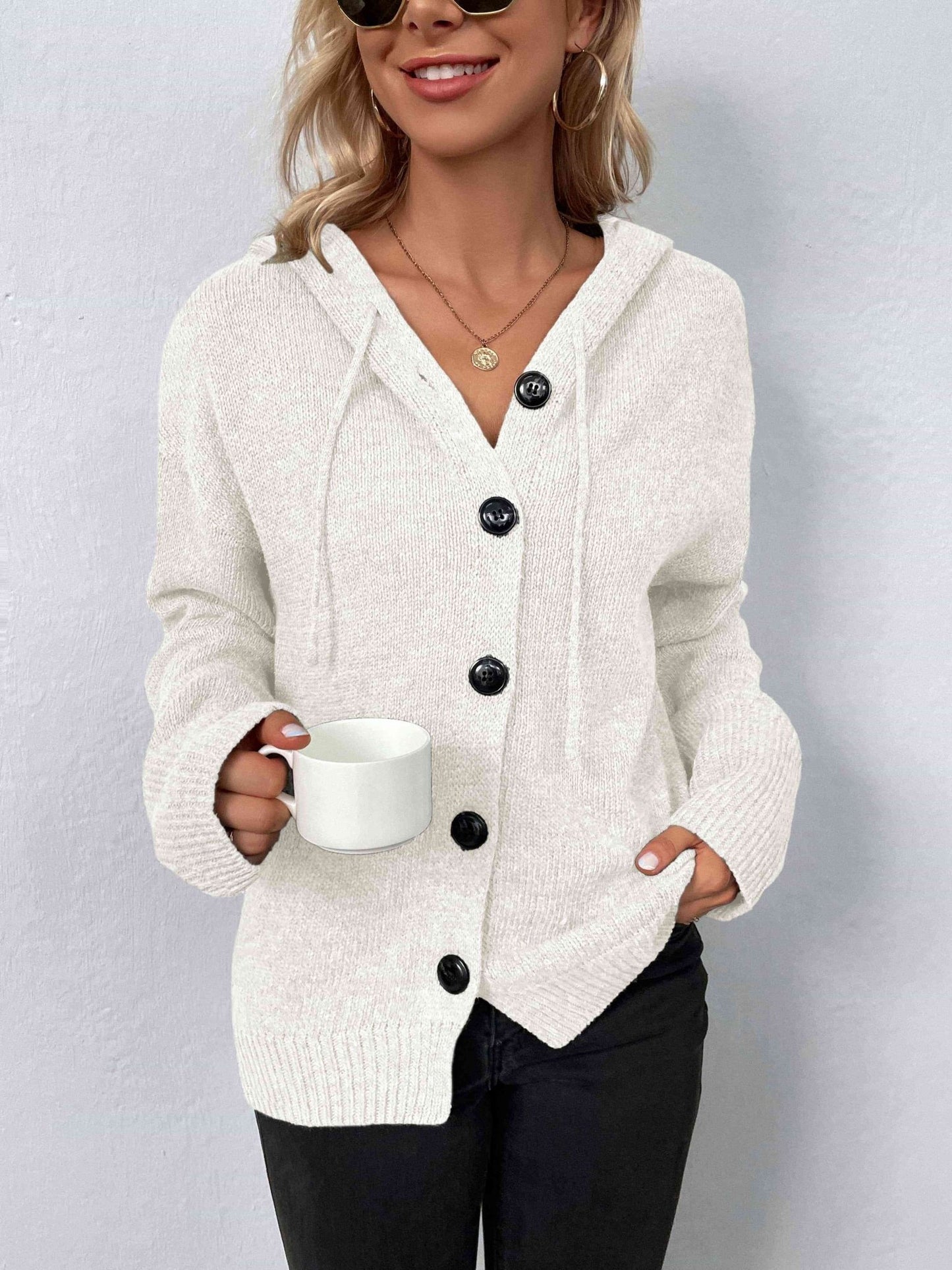 Button - Down Long Sleeve Hooded Sweater - Hooded Sweater - White - Bella Bourget