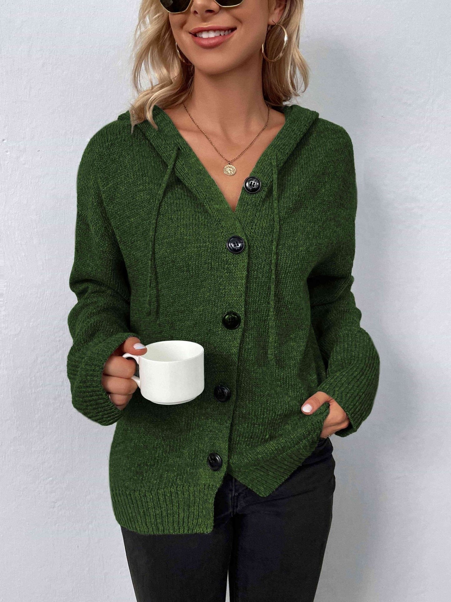 Button - Down Long Sleeve Hooded Sweater - Hooded Sweater - Moss - Bella Bourget