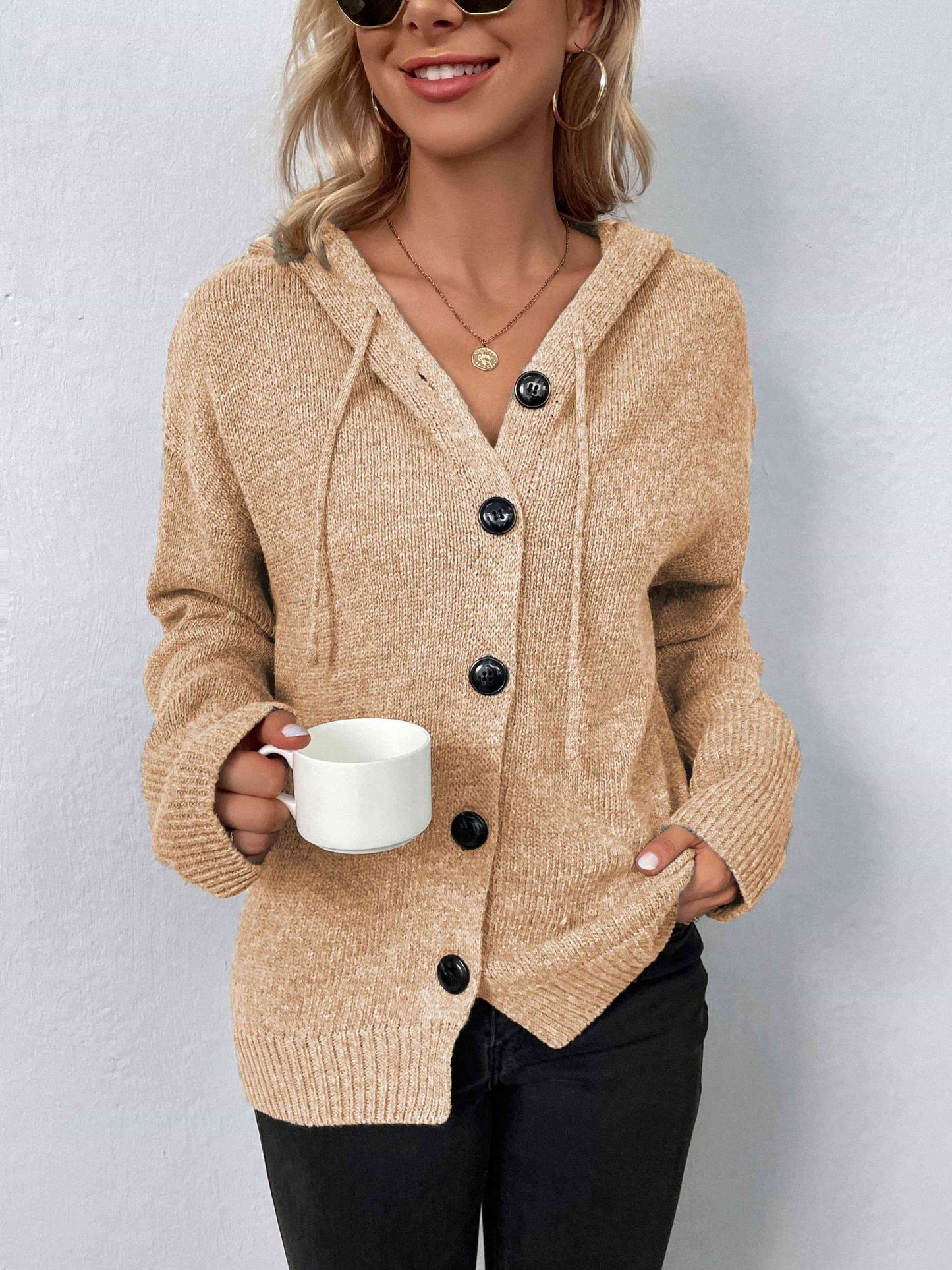 Button - Down Long Sleeve Hooded Sweater - Hooded Sweater - Sand - Bella Bourget