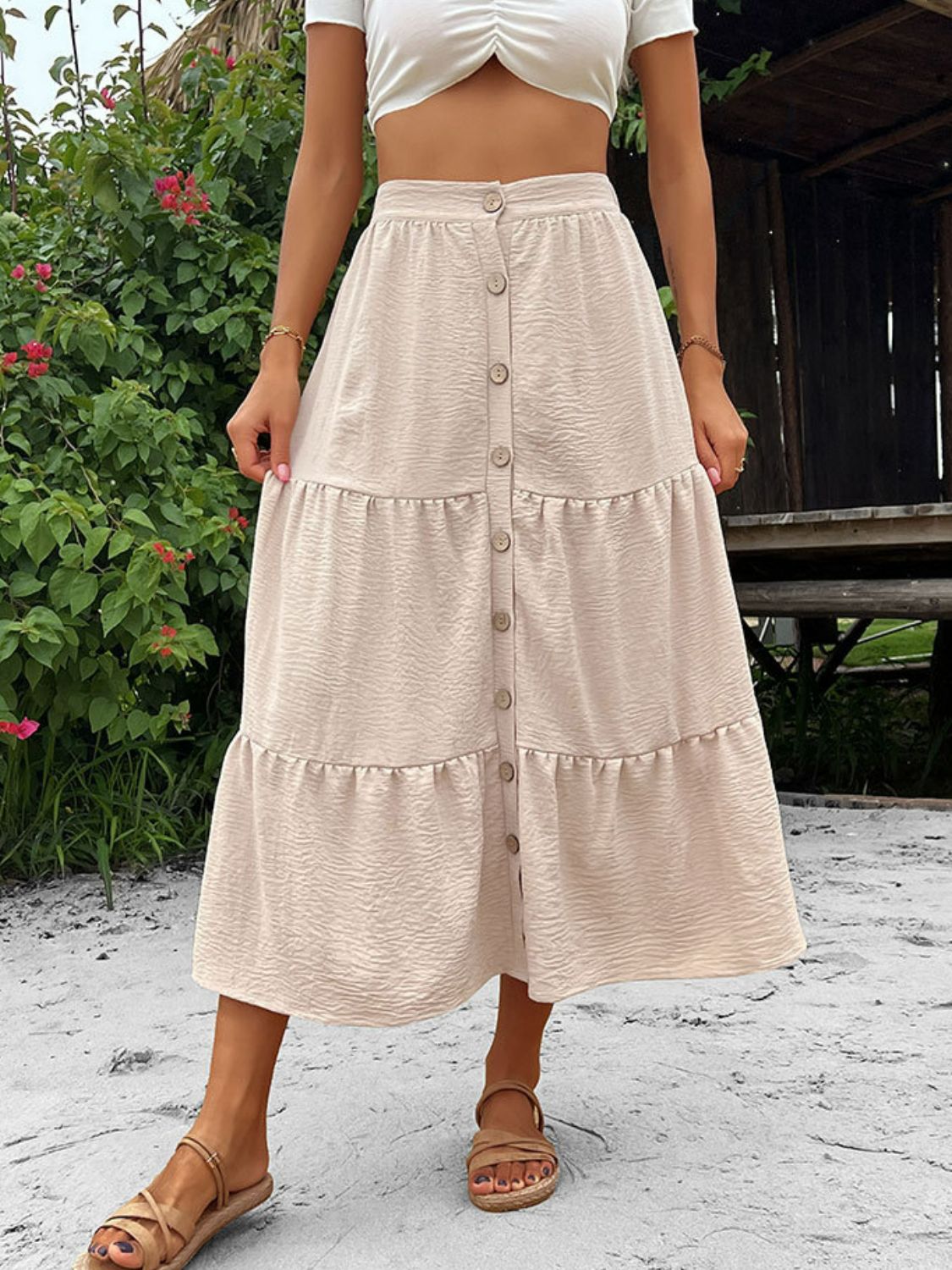 Button Down Tiered Midi Skirt - Skirt - Beige - Bella Bourget