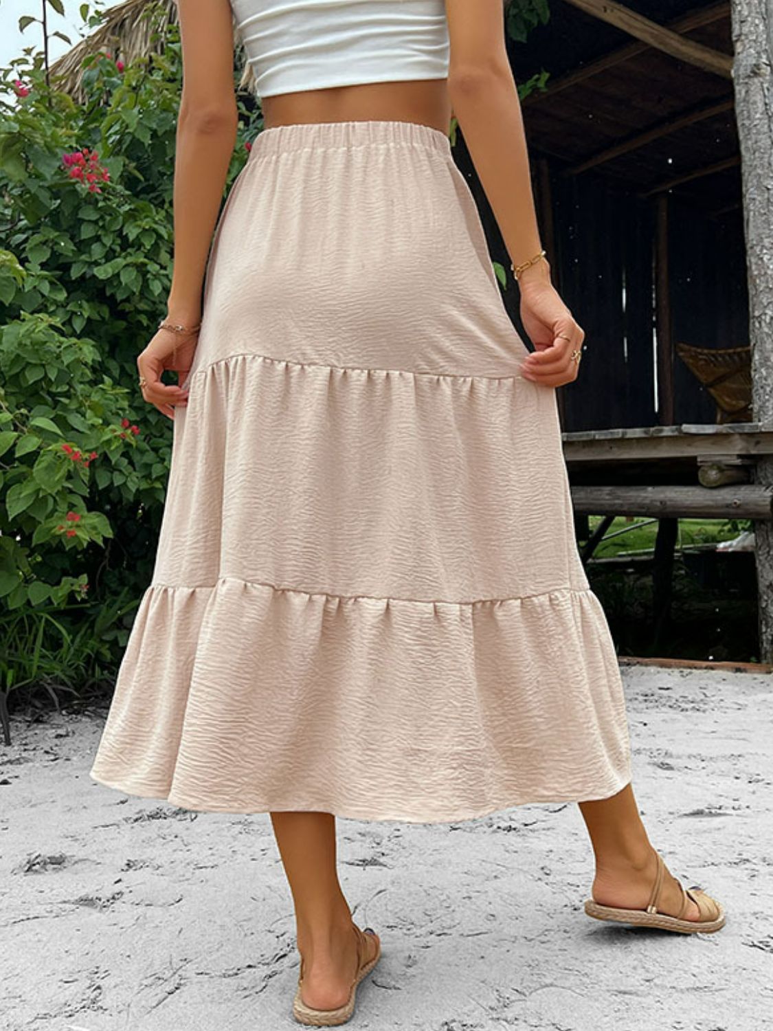 Button Down Tiered Midi Skirt - Skirt - Beige - Bella Bourget