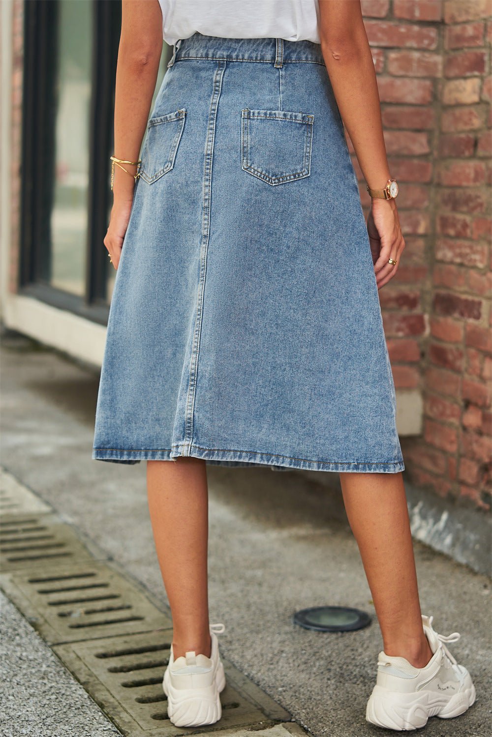 Button Front A - Line Denim Skirt - A - Line Denim Skirt - Medium - Bella Bourget