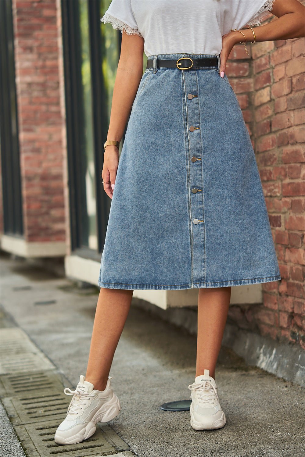 Button Front A - Line Denim Skirt - A - Line Denim Skirt - Medium - Bella Bourget