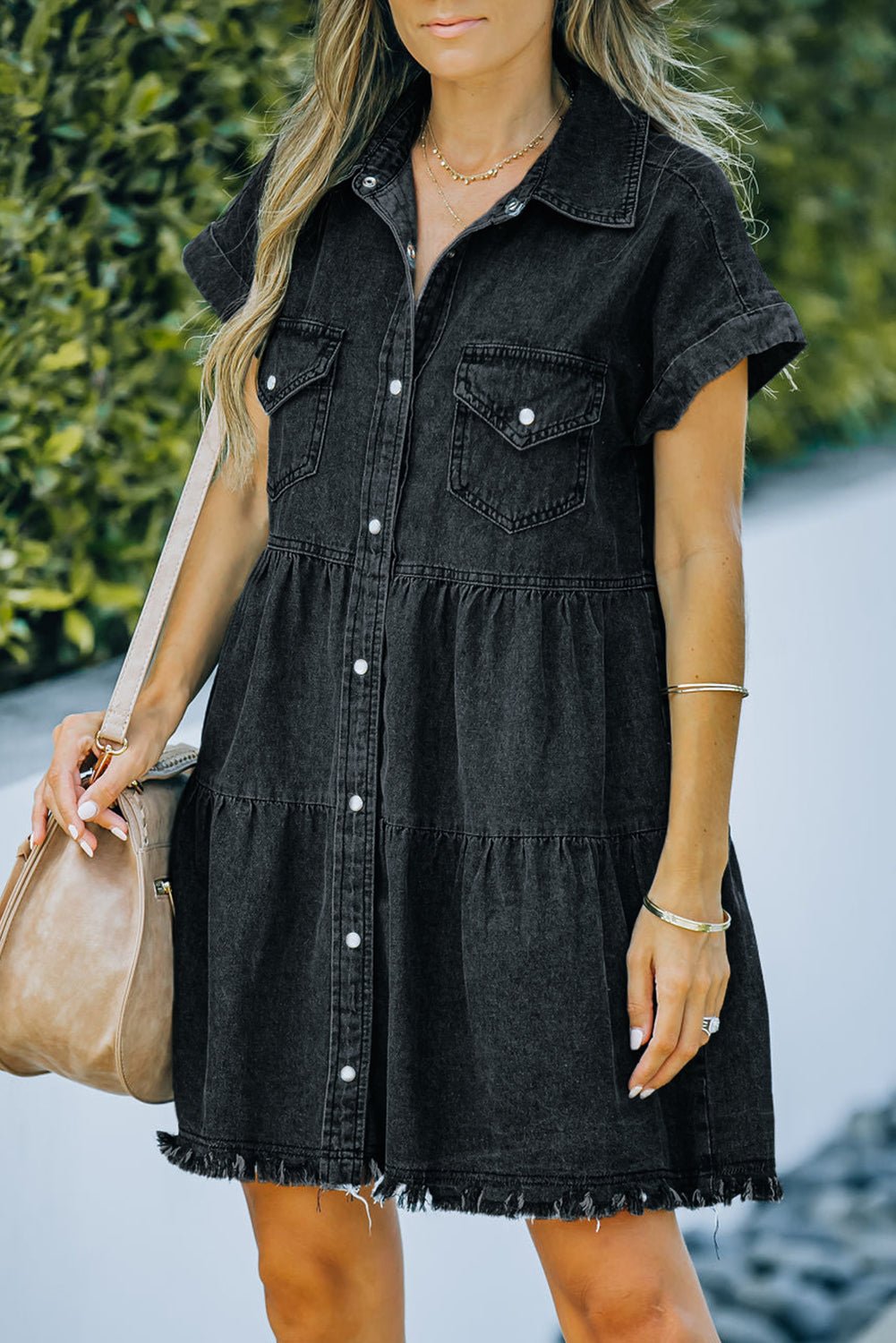 Button Front Raw Hem Denim Dress - Dress - Black - Bella Bourget