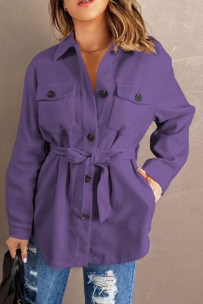 Button Up Tie - Waist Jacket with Pockets - Jackets - Violet - Bella Bourget