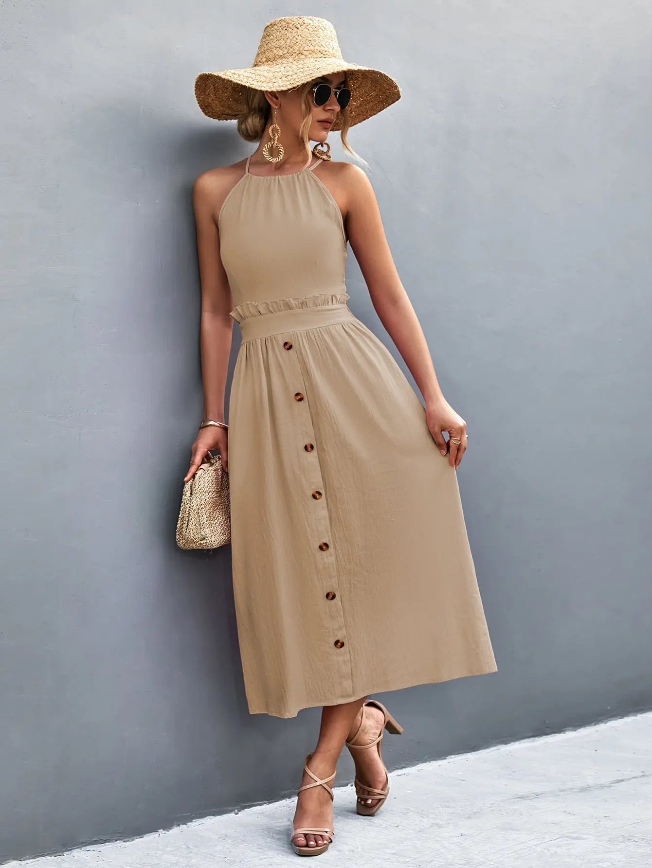 Buttoned Halter Neck Frill Trim Midi Dress - Dress - Tan - Bella Bourget