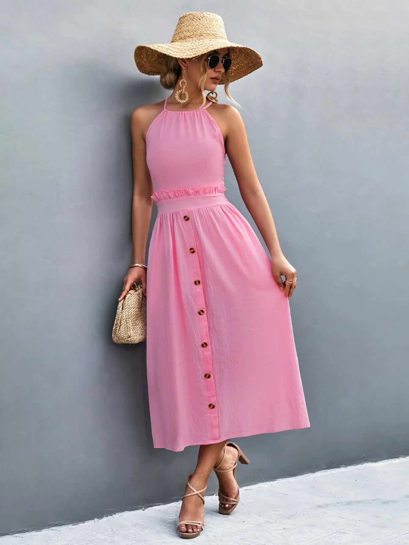 Buttoned Halter Neck Frill Trim Midi Dress - Dress - Fuchsia Pink - Bella Bourget