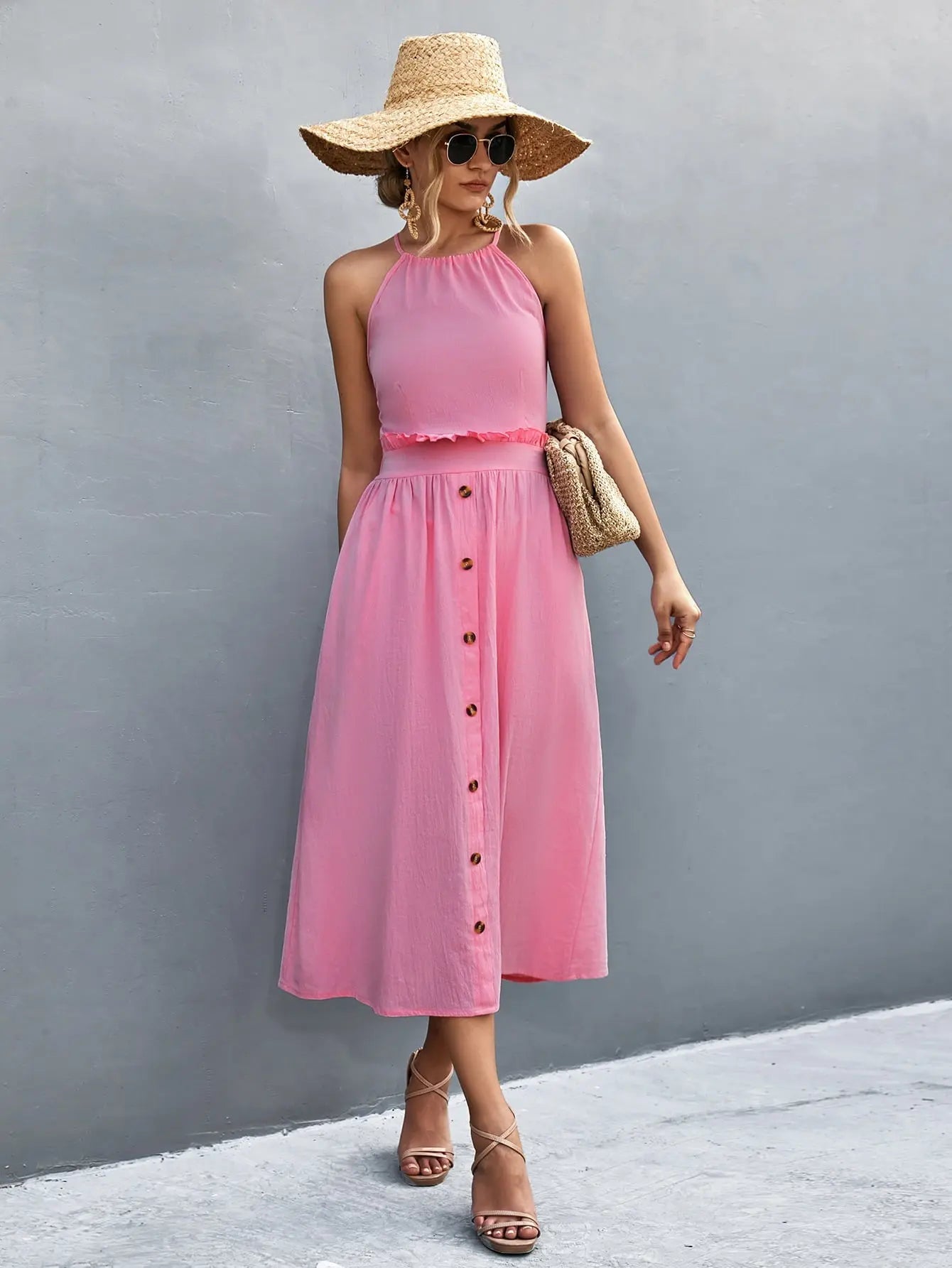 Buttoned Halter Neck Frill Trim Midi Dress - Dress - Fuchsia Pink - Bella Bourget