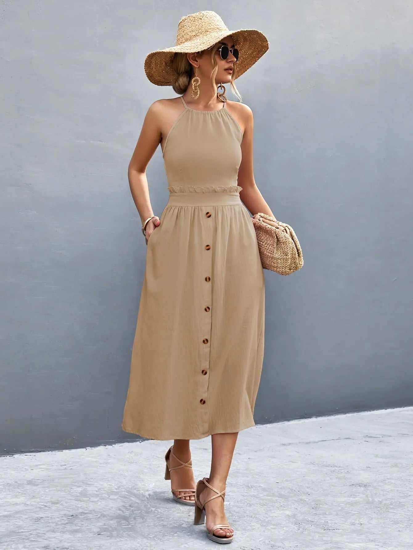 Buttoned Halter Neck Frill Trim Midi Dress - Dress - Tan - Bella Bourget