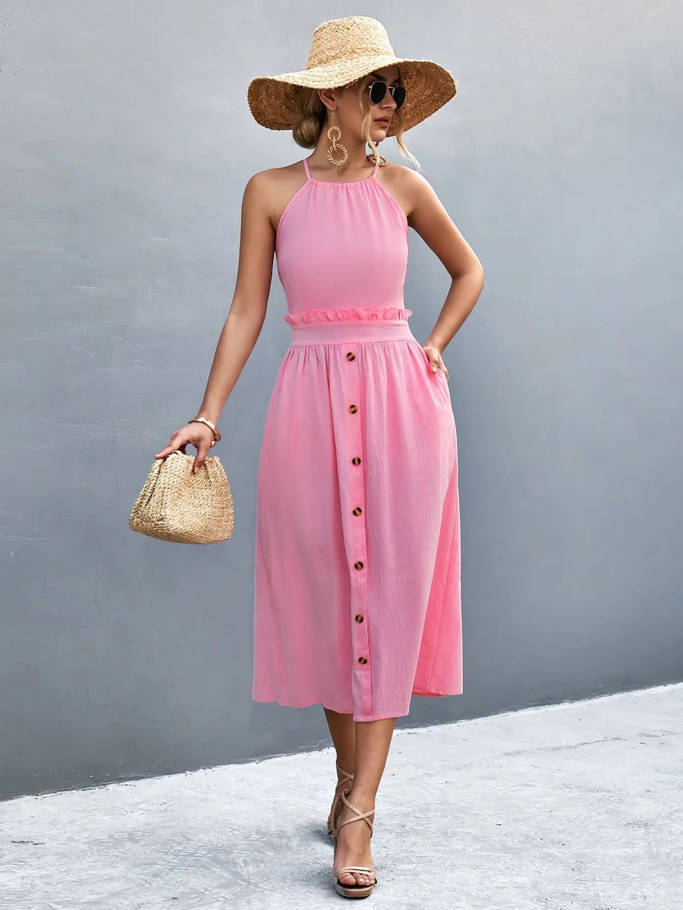 Buttoned Halter Neck Frill Trim Midi Dress - Dress - Fuchsia Pink - Bella Bourget