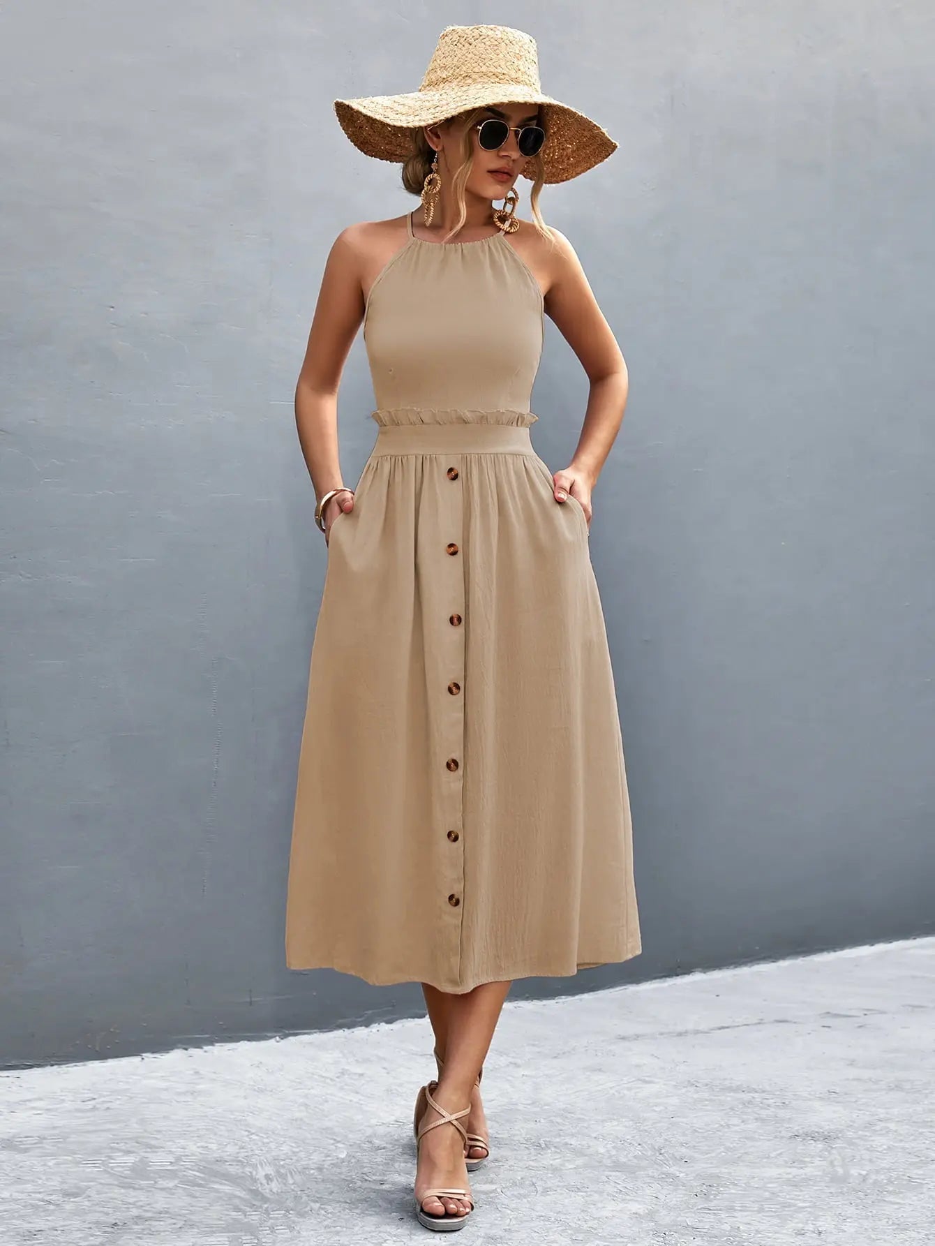 Buttoned Halter Neck Frill Trim Midi Dress - Dress - Tan - Bella Bourget