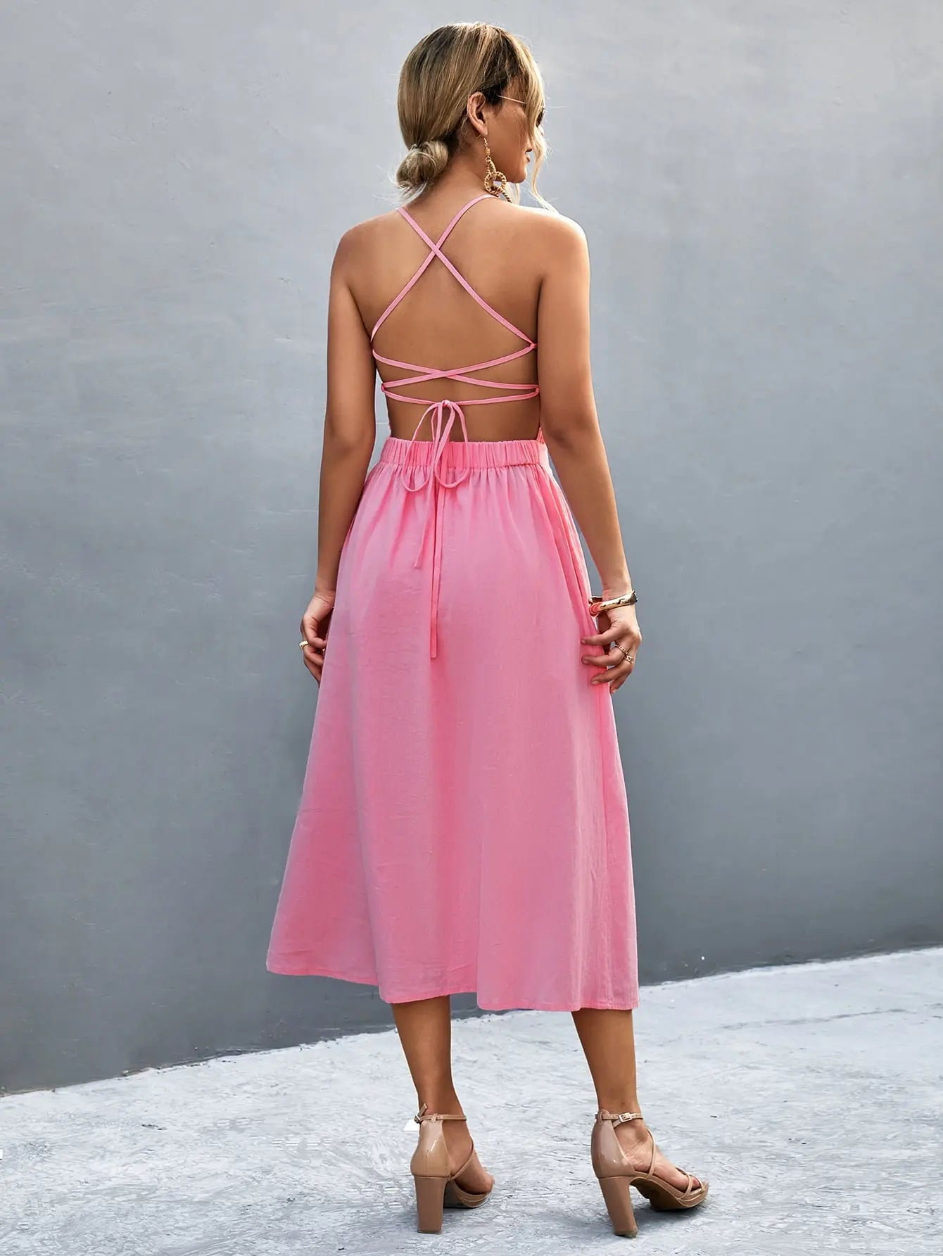 Buttoned Halter Neck Frill Trim Midi Dress - Dress - Fuchsia Pink - Bella Bourget