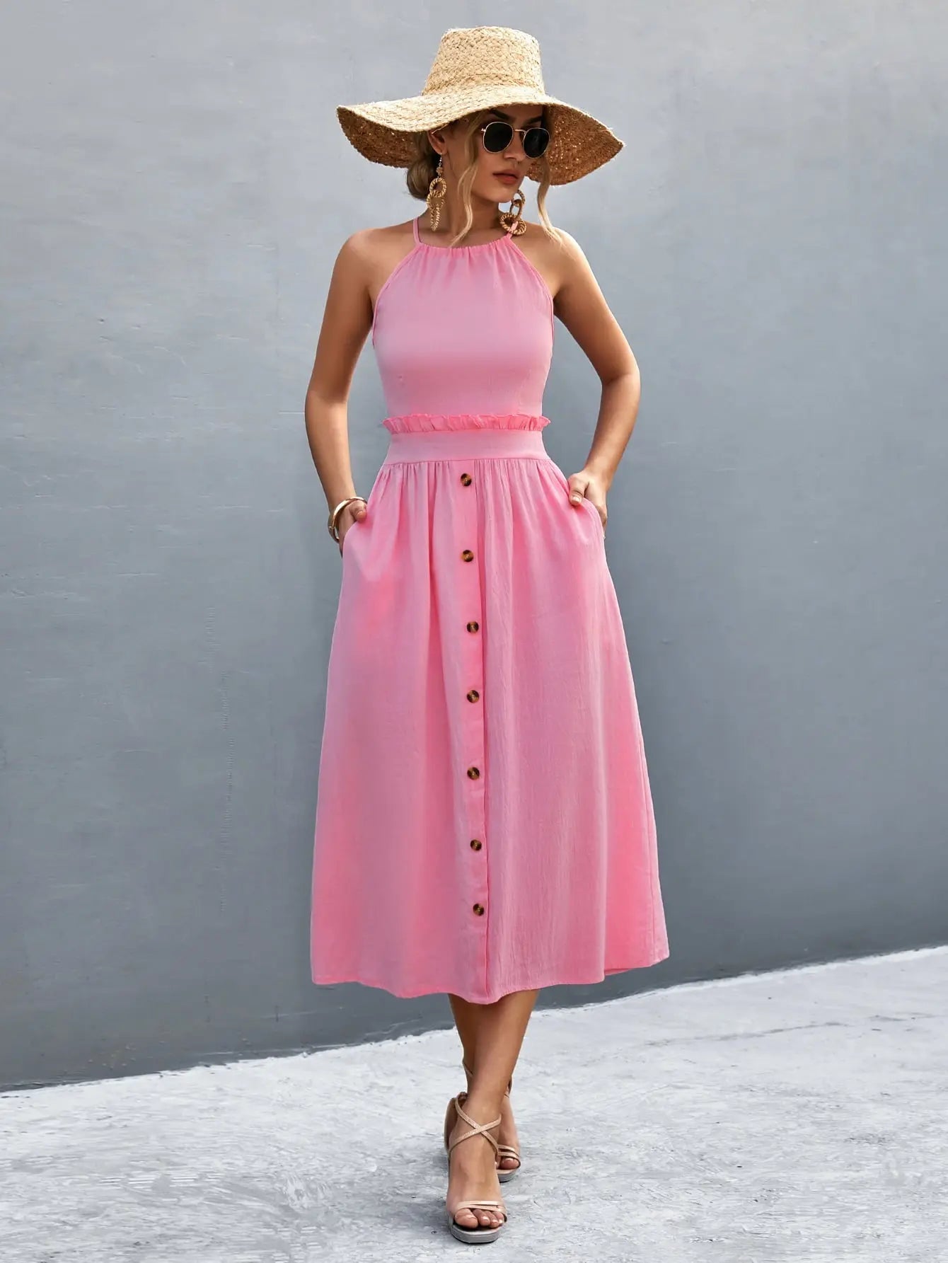 Buttoned Halter Neck Frill Trim Midi Dress - Dress - Fuchsia Pink - Bella Bourget