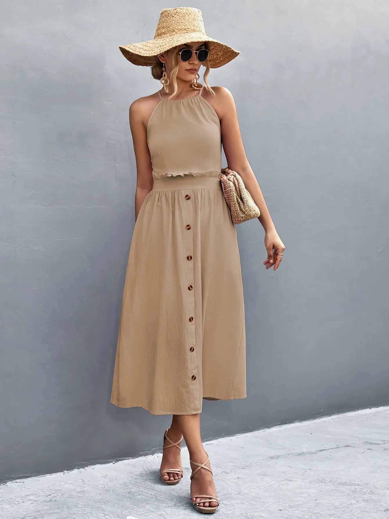 Buttoned Halter Neck Frill Trim Midi Dress - Dress - Tan - Bella Bourget