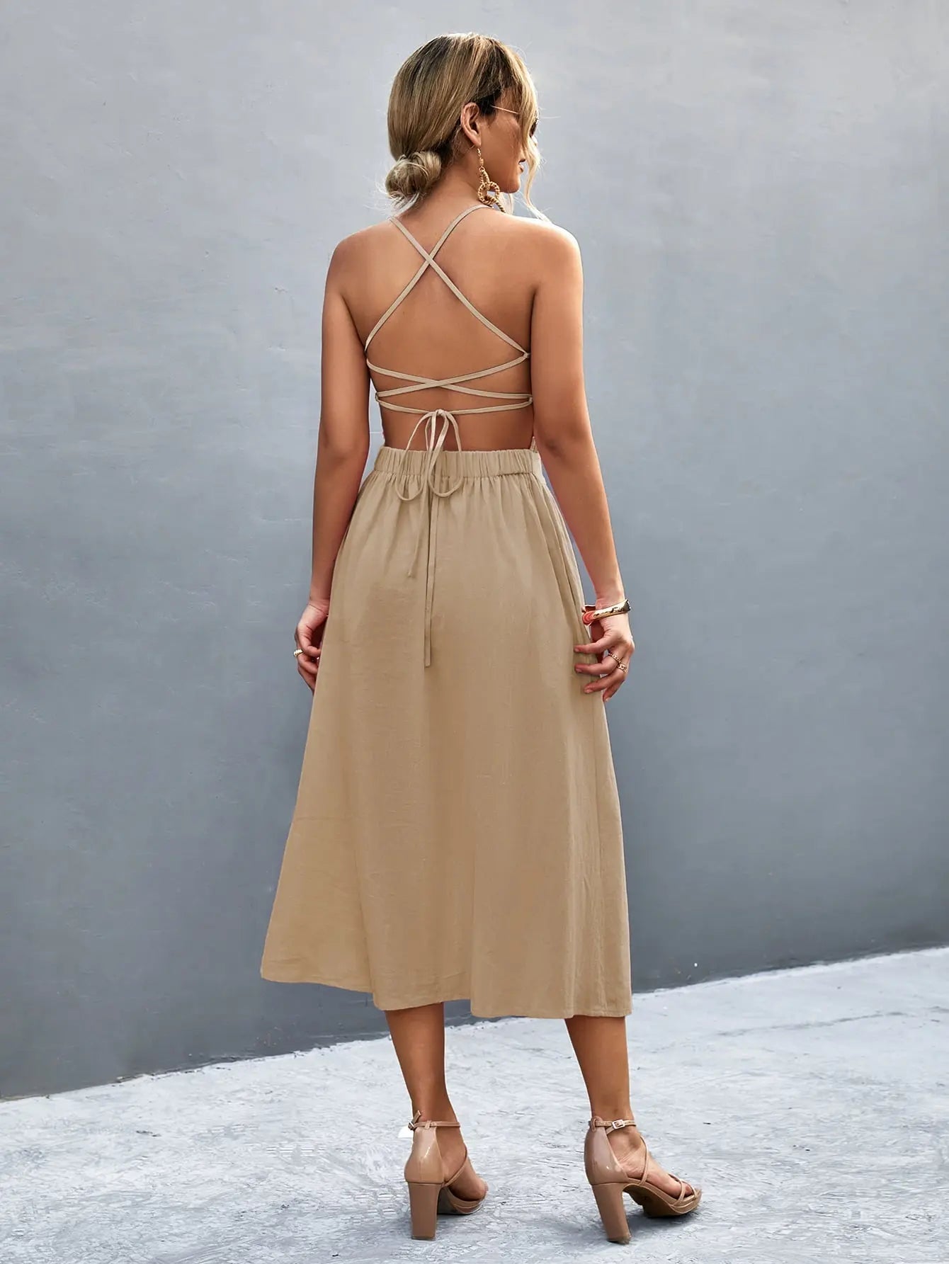 Buttoned Halter Neck Frill Trim Midi Dress - Dress - Tan - Bella Bourget