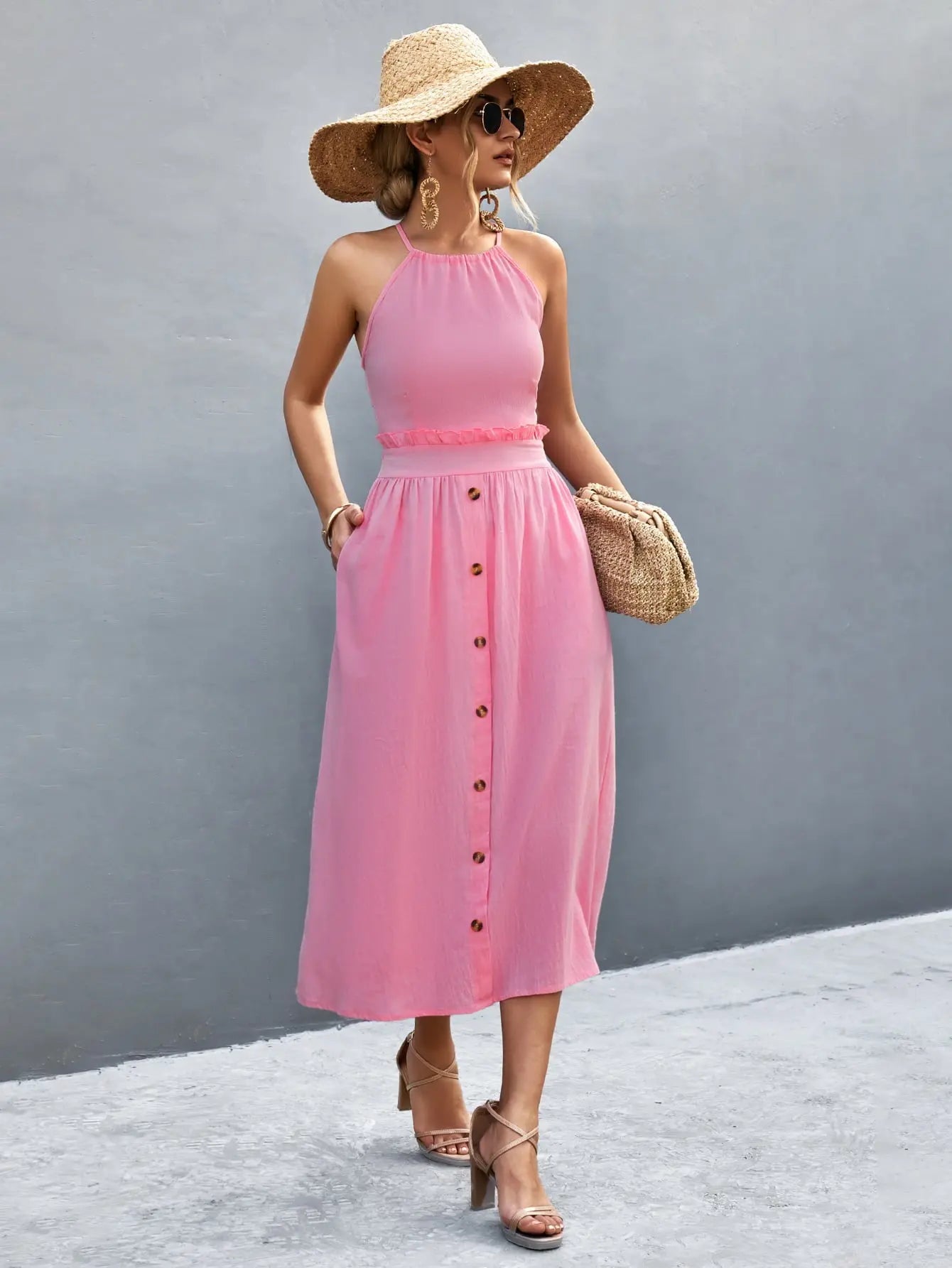 Buttoned Halter Neck Frill Trim Midi Dress - Dress - Fuchsia Pink - Bella Bourget