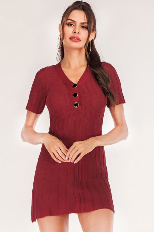 Buttoned Short Sleeve V - Neck Knit Dress - Dress - Wine - Bella Bourget