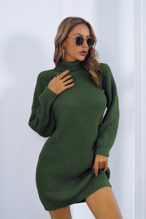 Buttoned Turtleneck Long Sleeve Sweater Dress - Sweater Dress - Green - Bella Bourget