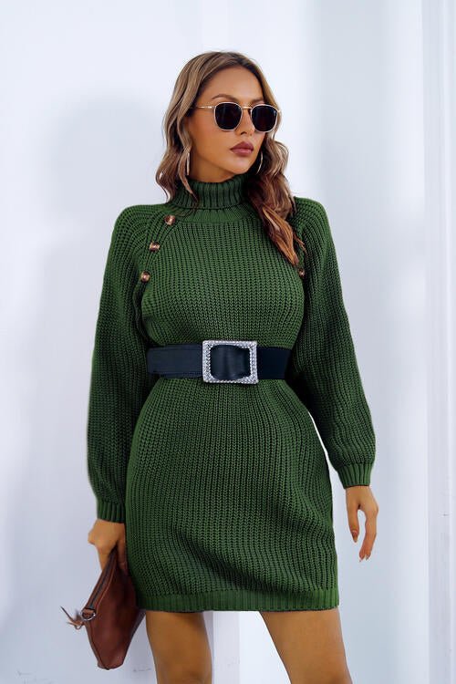 Buttoned Turtleneck Long Sleeve Sweater Dress - Sweater Dress - Green - Bella Bourget