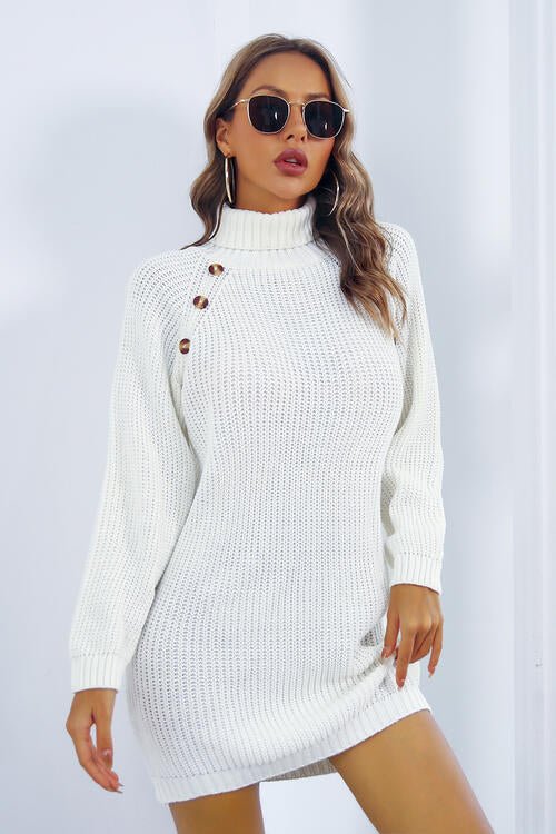 Buttoned Turtleneck Long Sleeve Sweater Dress - Sweater Dress - White - Bella Bourget