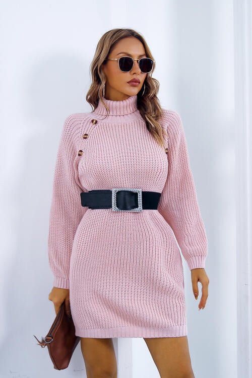 Buttoned Turtleneck Long Sleeve Sweater Dress - Sweater Dress - Carnation Pink - Bella Bourget