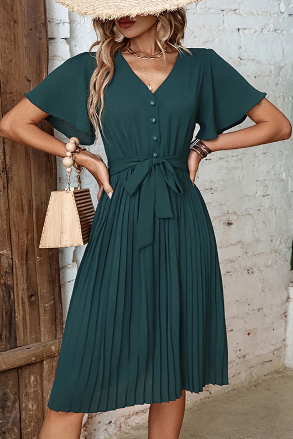 Buttoned V - Neck Flutter Sleeve Pleated Dress - Dress - Forest - Bella Bourget