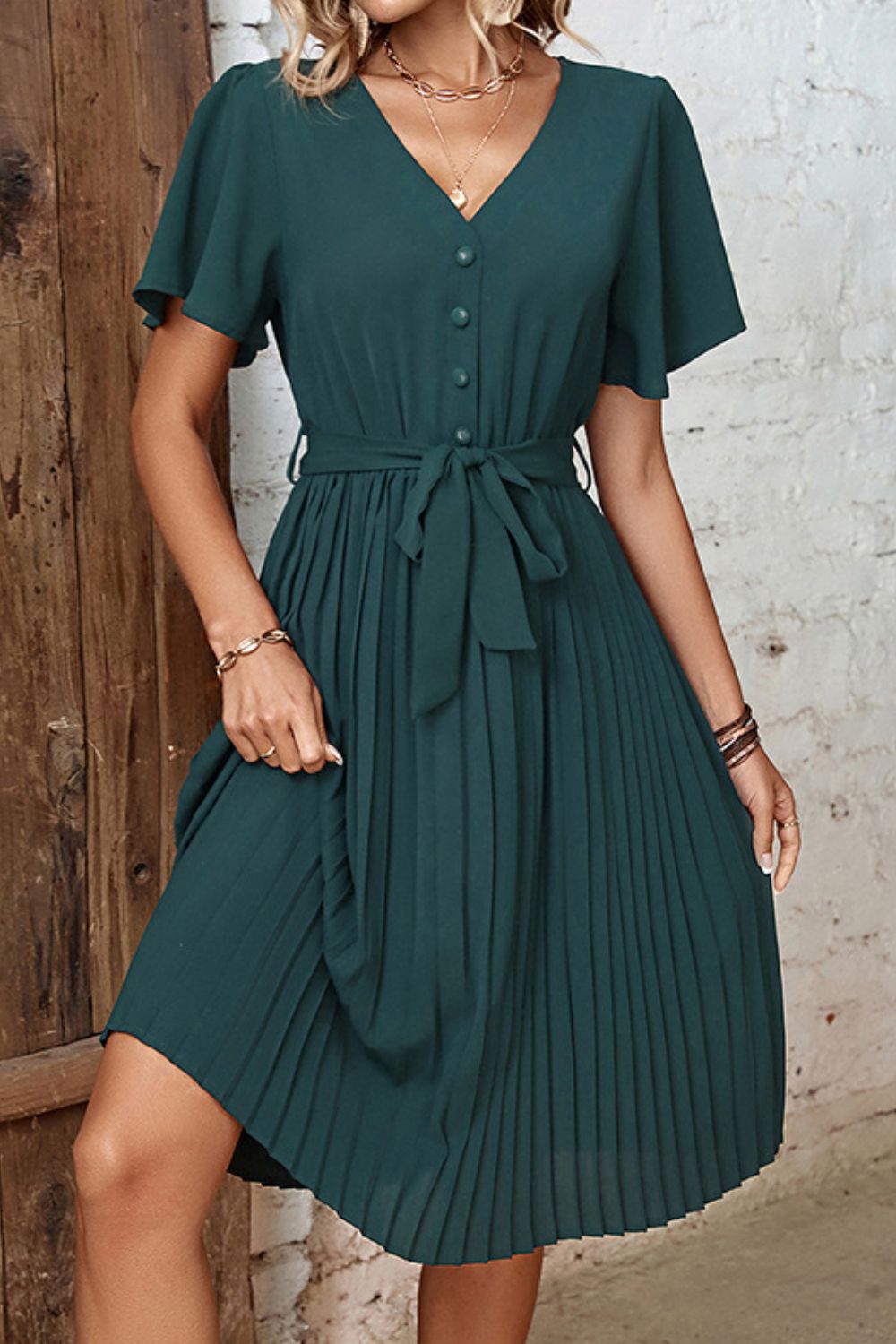 Buttoned V - Neck Flutter Sleeve Pleated Dress - Dress - Forest - Bella Bourget