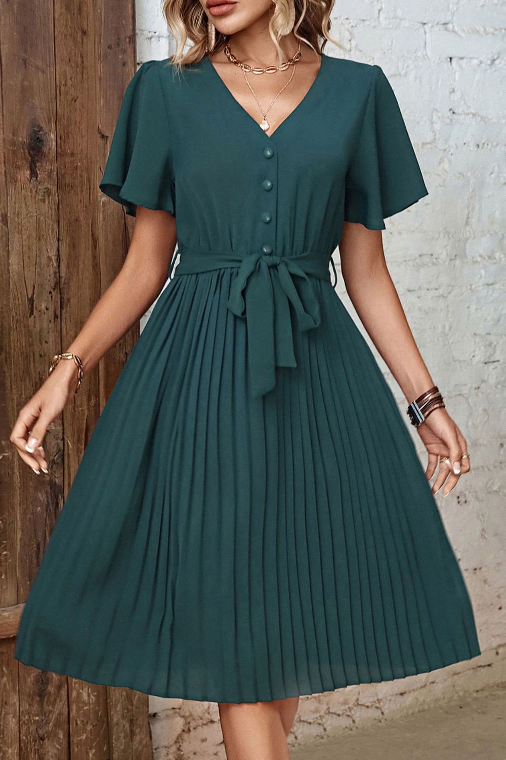 Buttoned V - Neck Flutter Sleeve Pleated Dress - Dress - Forest - Bella Bourget