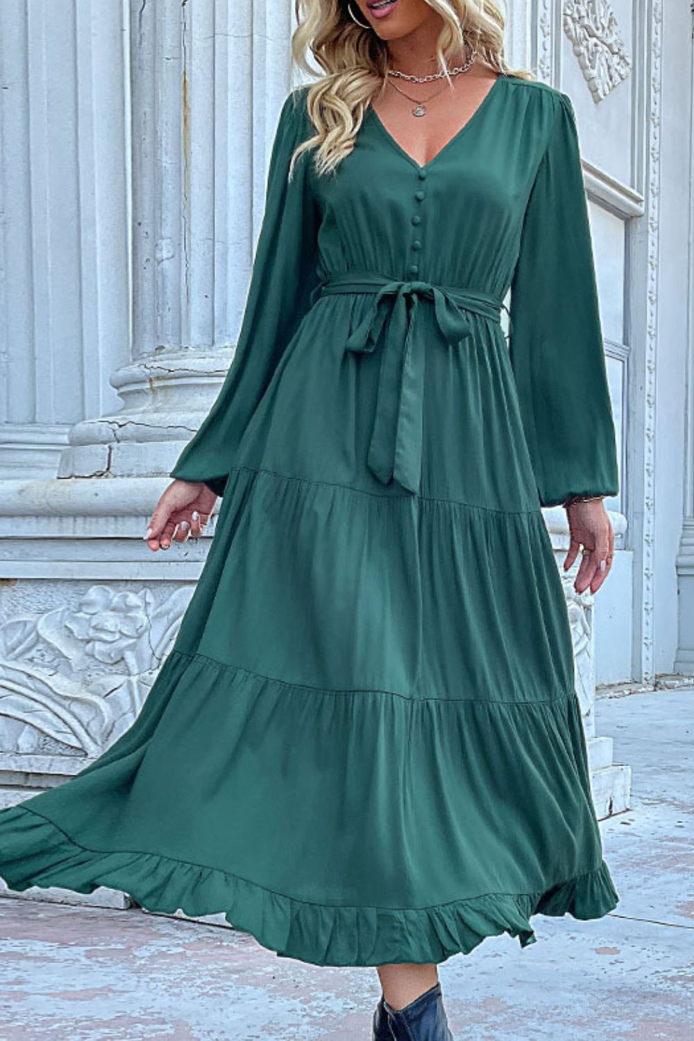 Buttoned V - Neck Puff Sleeve Tiered Dress - Dress - Green - Bella Bourget