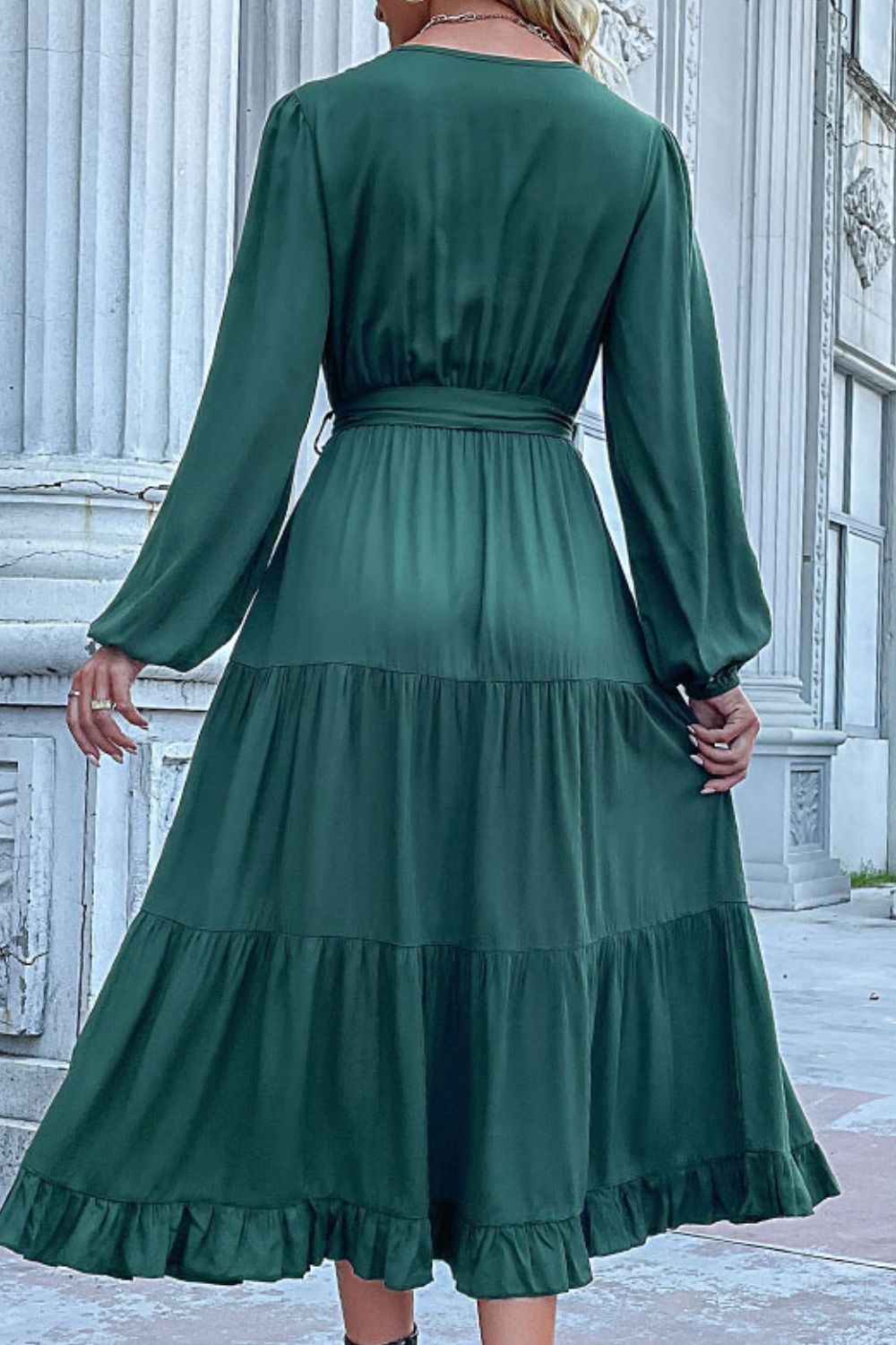 Buttoned V - Neck Puff Sleeve Tiered Dress - Dress - Green - Bella Bourget