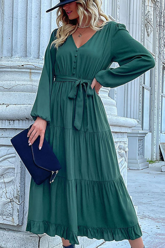 Buttoned V - Neck Puff Sleeve Tiered Dress - Dress - Green - Bella Bourget