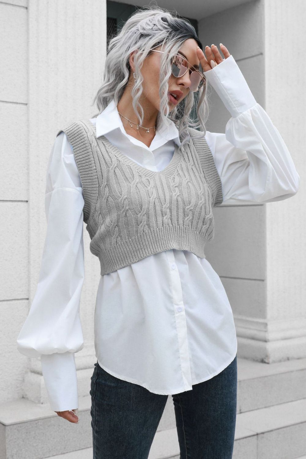 Cable - Knit Deep V Cropped Knit Vest - Knit Top - Heather Gray - Bella Bourget