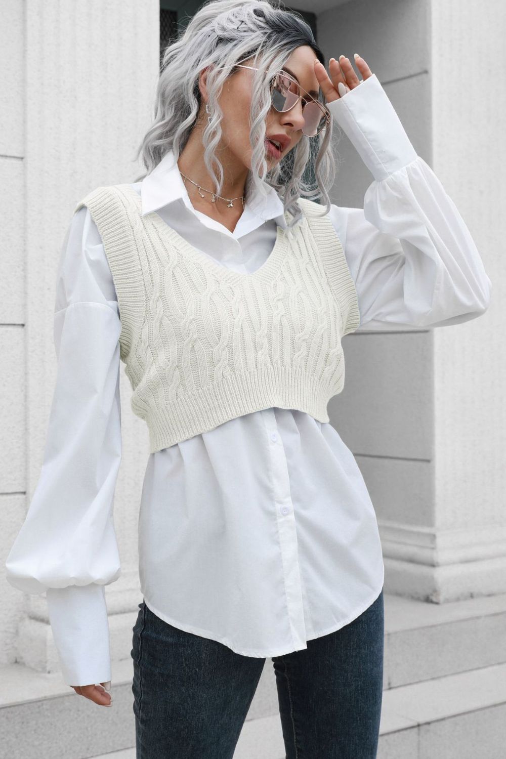 Cable - Knit Deep V Cropped Knit Vest - Knit Top - Cream - Bella Bourget