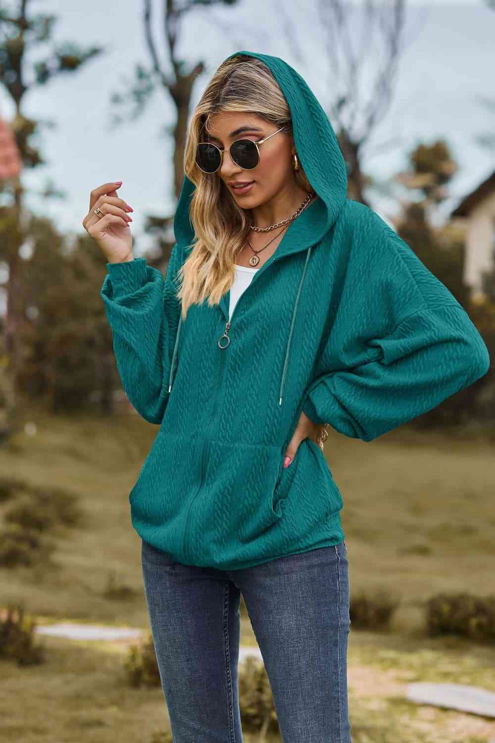 Cable - Knit Long Sleeve Hooded Jacket - Jackets - Teal - Bella Bourget