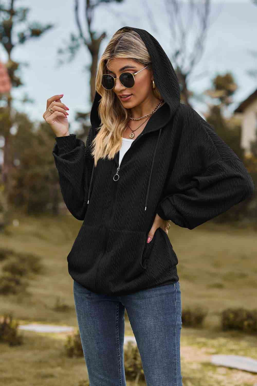 Cable - Knit Long Sleeve Hooded Jacket - Jackets - Black - Bella Bourget