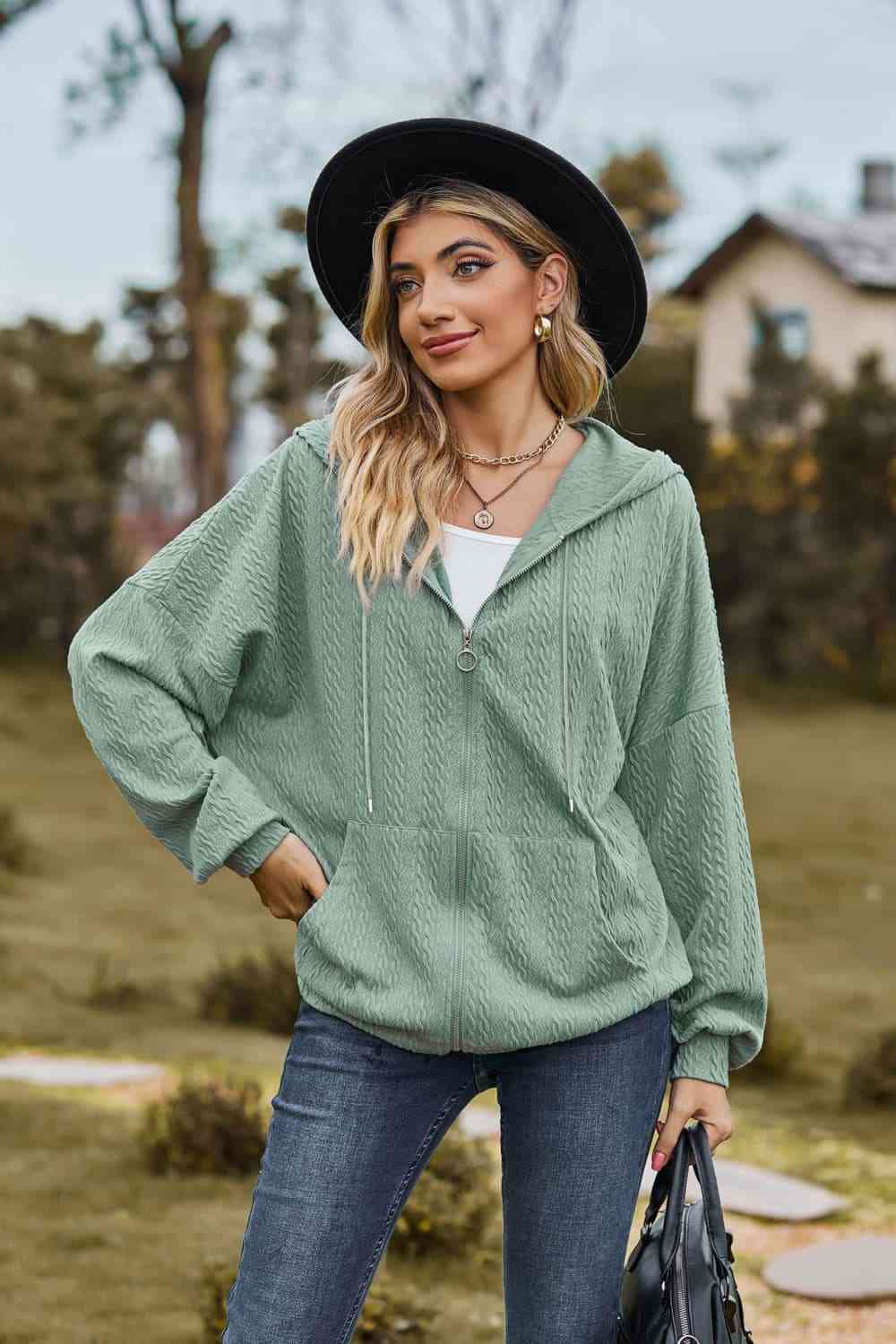 Cable - Knit Long Sleeve Hooded Jacket - Jackets - Sage - Bella Bourget