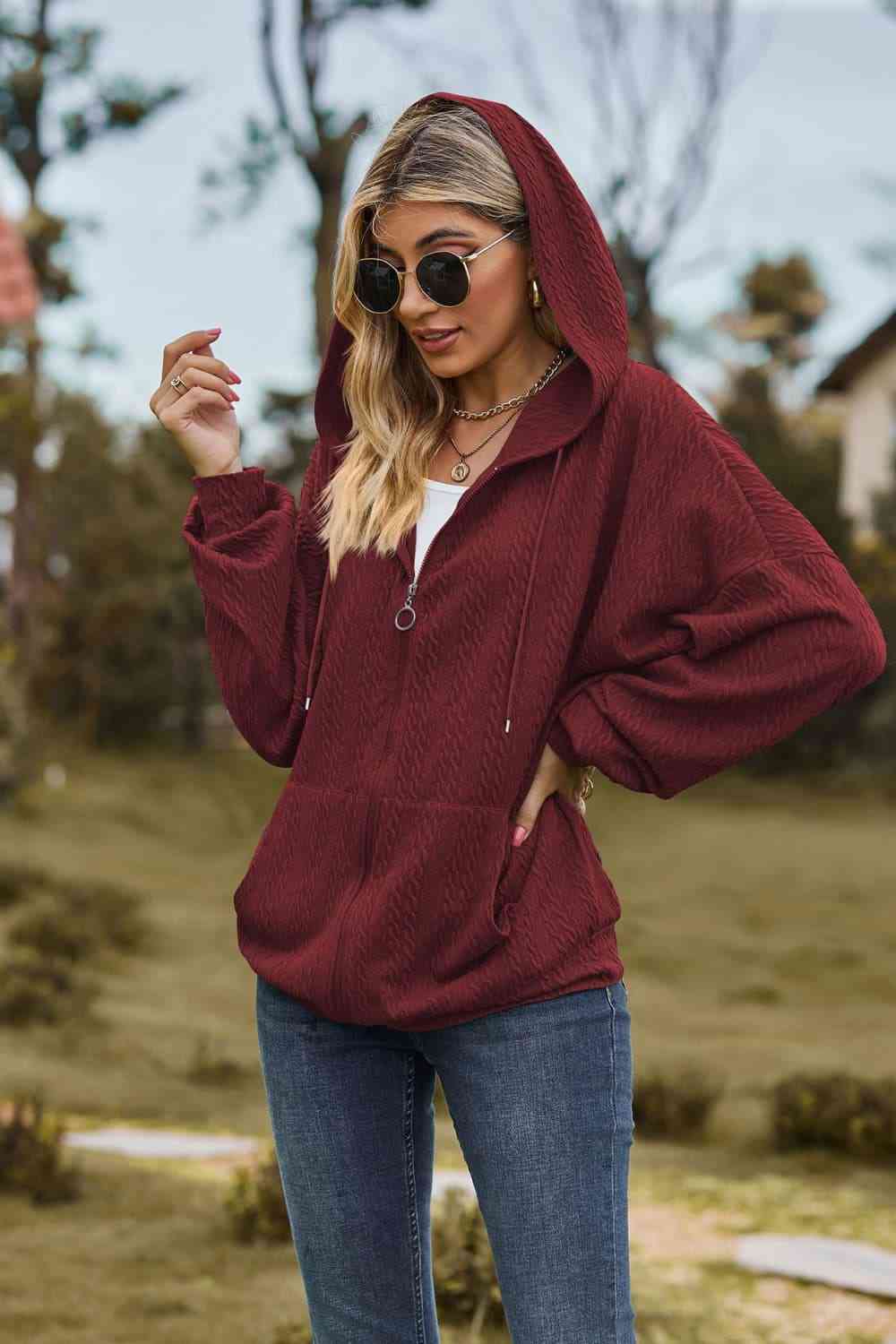 Cable - Knit Long Sleeve Hooded Jacket - Jackets - Wine - Bella Bourget