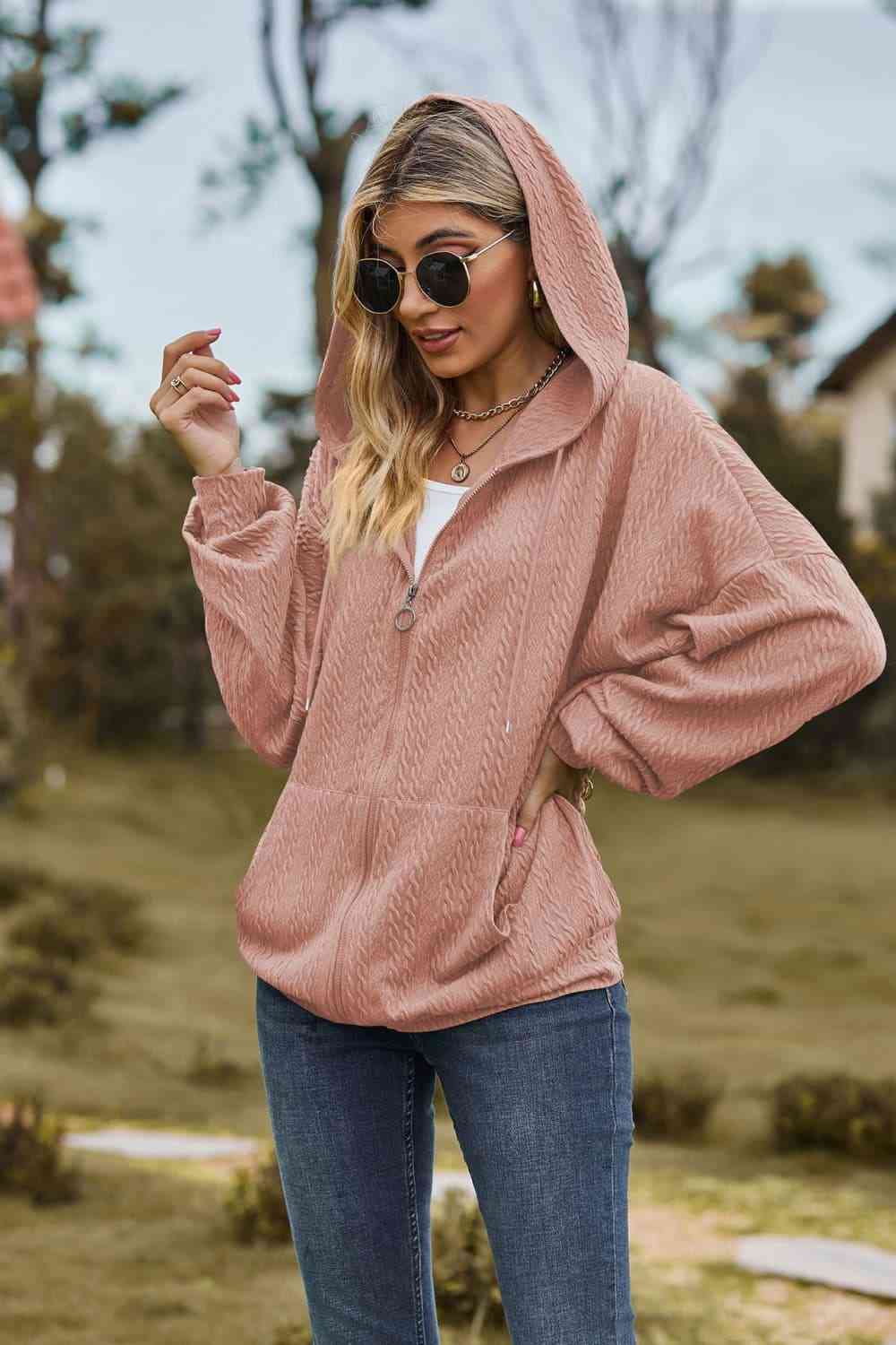 Cable - Knit Long Sleeve Hooded Jacket - Jackets - Dusty Pink - Bella Bourget