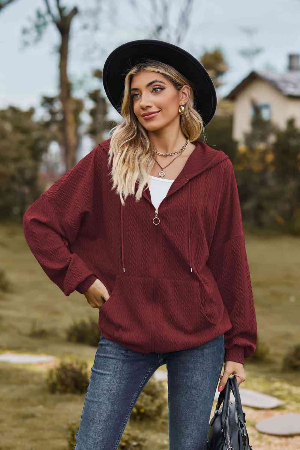 Cable - Knit Long Sleeve Hooded Jacket - Jackets - Wine - Bella Bourget