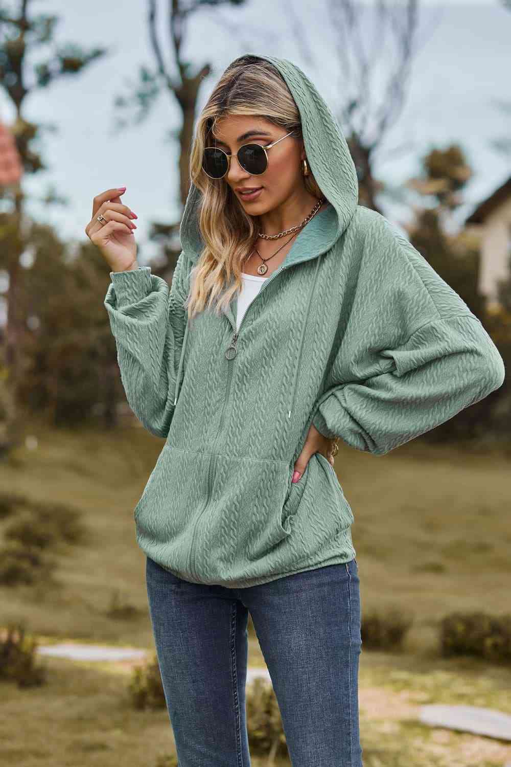 Cable - Knit Long Sleeve Hooded Jacket - Jackets - Sage - Bella Bourget