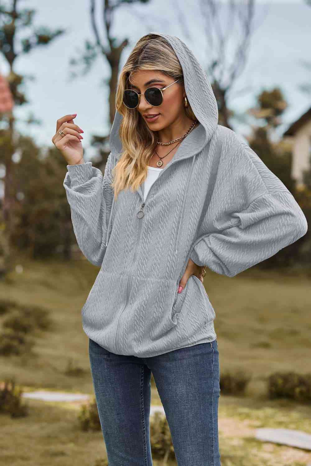 Cable - Knit Long Sleeve Hooded Jacket - Jackets - Light Gray - Bella Bourget