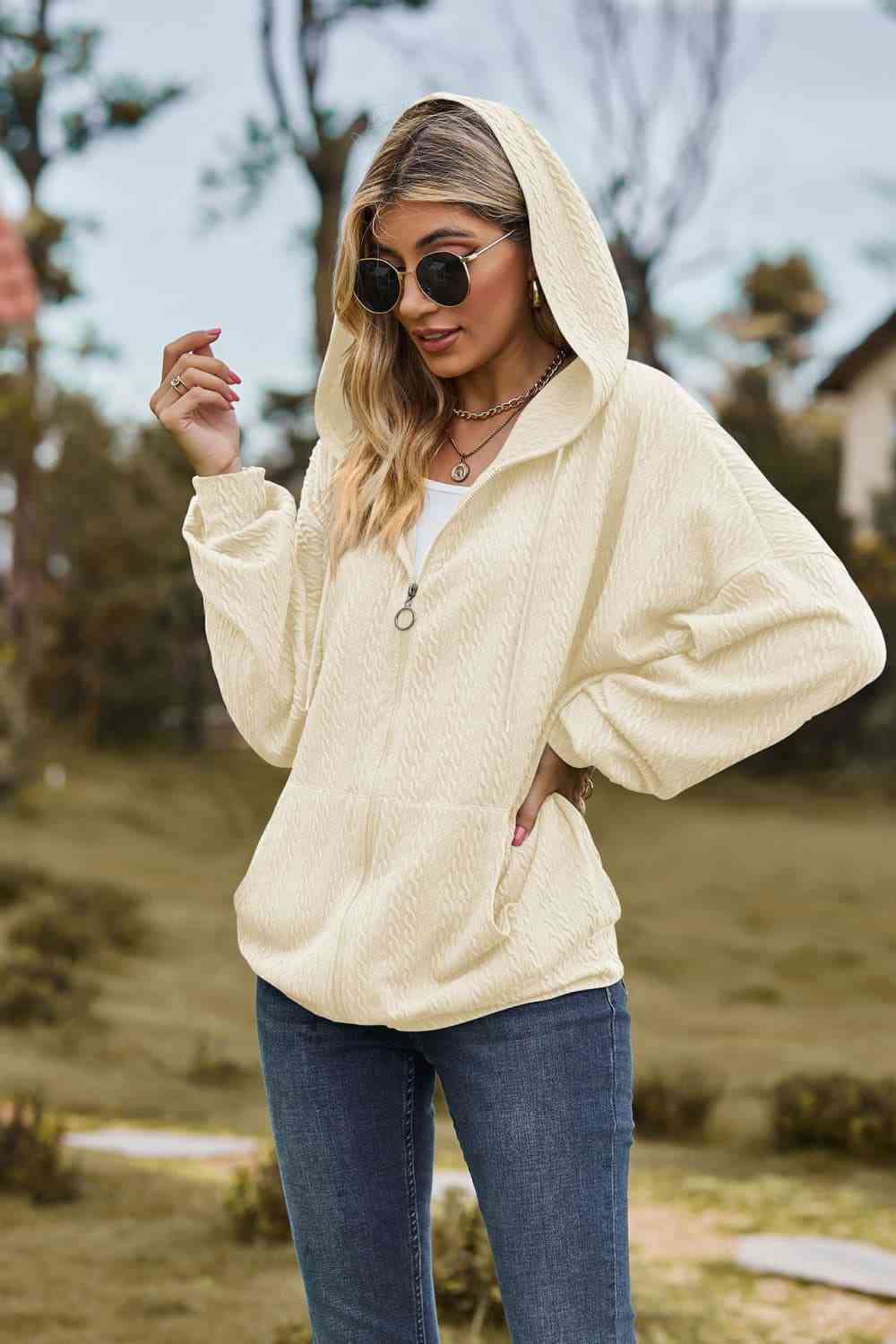 Cable - Knit Long Sleeve Hooded Jacket - Jackets - Ivory - Bella Bourget