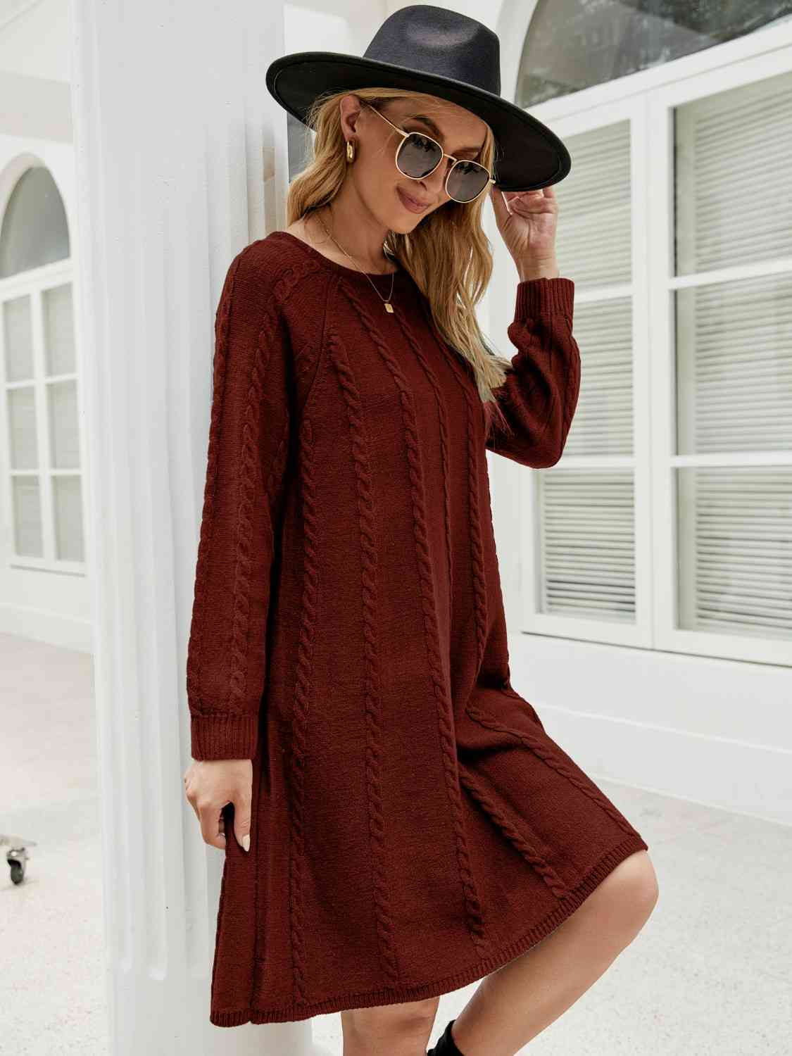 Cable - Knit Long Sleeve Sweater Dress - Sweater Dress - Wine - Bella Bourget