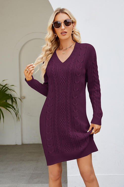 Cable - Knit Long Sleeve Sweater Dress - Dress - Magenta - Bella Bourget